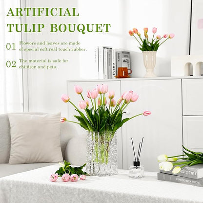 15PCS Artificial Tulips Real Touch Light Pink Faux Latex Flowers Lifelike Fake Tulip Bouquet Flowers Arrangements for Wedding Home Kitchen Garden Table Party Decoration