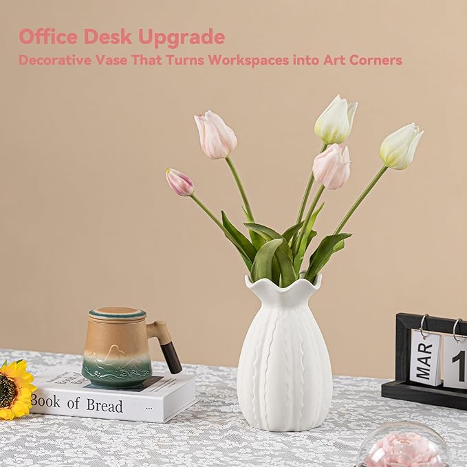 White Ceramic Vase with Ruffled Rim & Scalloped Texture - 8.5" Unique Flower Vase for Pampas Grass & Centerpieces, Decorative Boho/Farmhouse Vase for Living Room, Office Desk & Gift for Her/Yourself