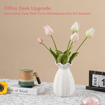 White Ceramic Vase with Ruffled Rim & Scalloped Texture - 8.5" Unique Flower Vase for Pampas Grass & Centerpieces, Decorative Boho/Farmhouse Vase for Living Room, Office Desk & Gift for Her/Yourself