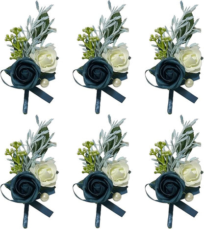 6PCS Navy Blue Boutonniere for Men, Groomsmen Guest Boutonniere, Artificial Flowers for Wedding Decor Prom Homecoming