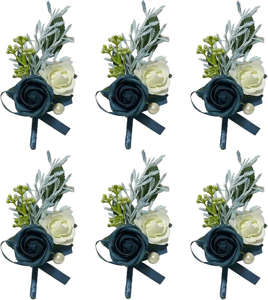 6PCS Navy Blue Boutonniere for Men, Groomsmen Guest Boutonniere, Artificial Flowers for Wedding Decor Prom Homecoming