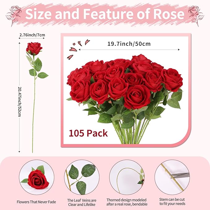 102 PCS Red Roses Artificial Flowers, Fake Red Rose Bouquet, Artificial Silk Red Roses with Stems for Wedding Flowers Decoration, Valentines Day Mothers Day, Bridal Bouquet Roses