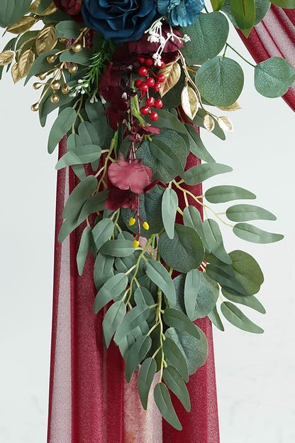 ponatia Artificial Wedding Arch Flowers Kit(Pack of 3), Burgundy Flowers with 26Ft Shiny Arch Draping Fabric, Navy Arch Flowers for Wedding Decoration, Wedding Ceremony Reception Backdrop Decorations