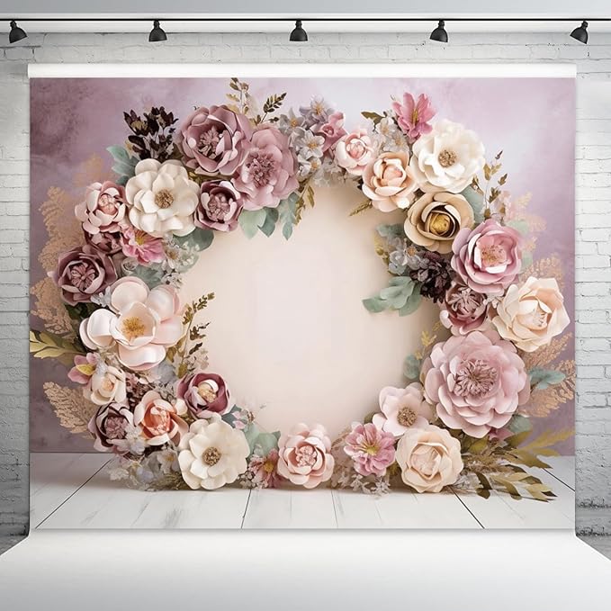 15x8ft Wedding Backdrop Purple Pink Floral Theme Photography Background White Flower Garland Green Leaves Bridal Shower Banner Decorations Girls Birthday Party Baby Portrait Photo Booth Prop