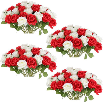 36 Pcs Red and White Rose Artificial Roses Flowers Bouquet Centerpiece,Fake Silk Rose Stem Realistic Artificial Flowers Bulk for Bridal Wedding Bouquet Ball Arrangement Party Decor