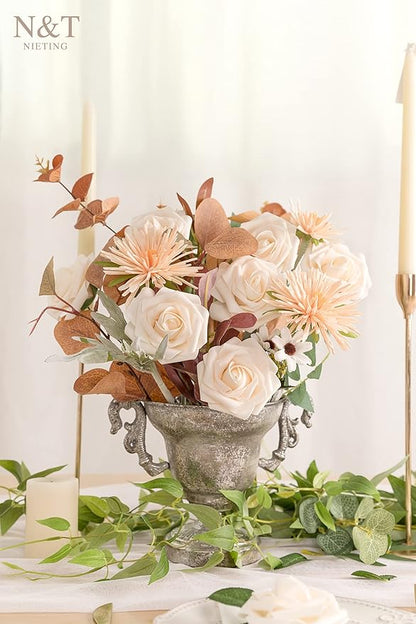 N&T NIETING Artificial Flowers, 25pcs Fake Flowers Bulk Perfect for DIY Fall Wedding Bridesmaid Bridal Bouquets Centerpieces Party Home Flower Arrangement Decoration, Cream Roses