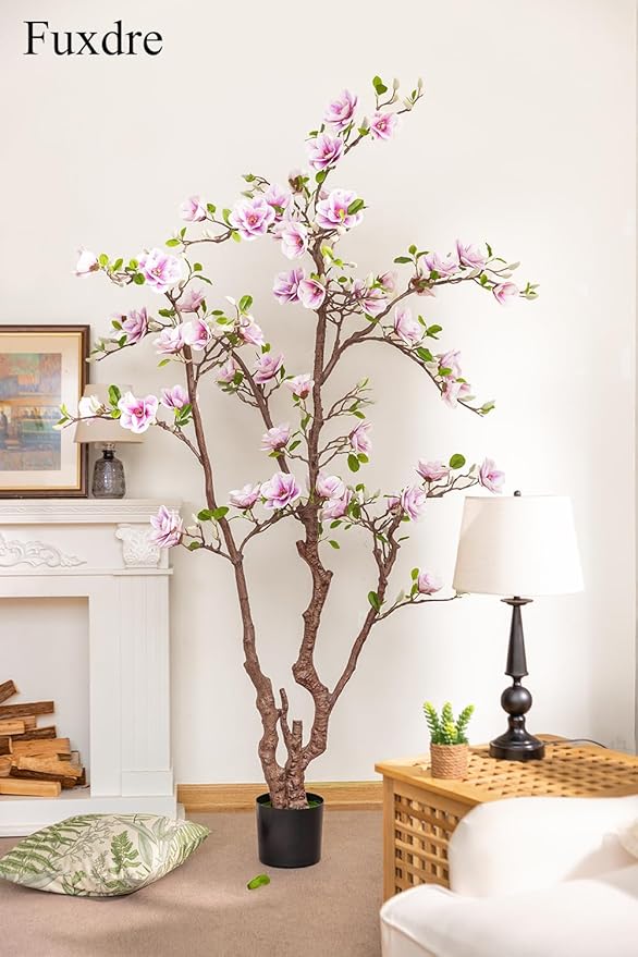 Faux Magnolia Tree 6.8 ft - with 57 Pcs White-Purple Flowers - Tall Artificial Plants Indoor, Large Fake Plant Perfect Potted Magnolia Flower Decor for Living Room, Stairs, Shop, Porch, Study Room