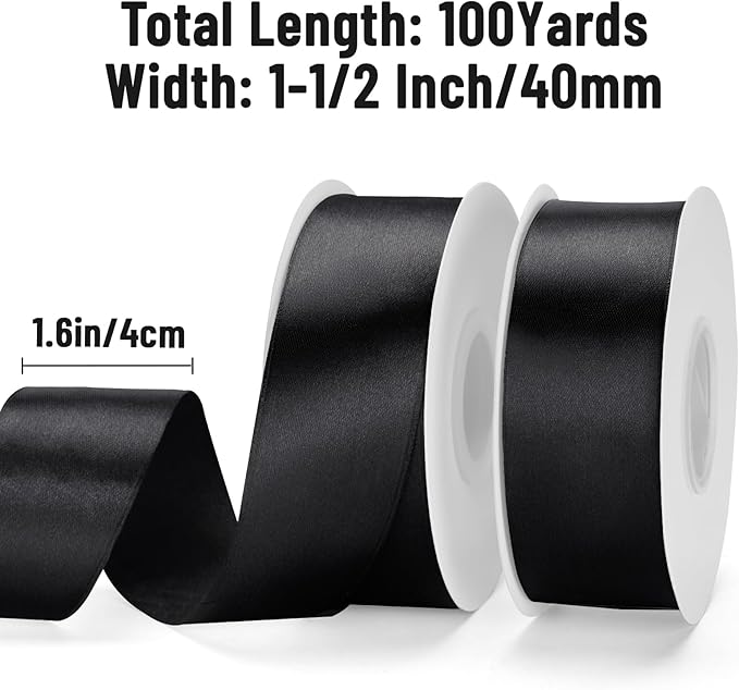 KINGLAKE Black Satin Ribbon - 1 1/2'' x 100 Yards Polyester Black Ribbon for Gift Wrapping, Halloween, Wedding, Party Decoration, DIY Crafts, Floral Bouquets and Wreath Bows