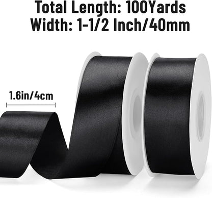 KINGLAKE Black Satin Ribbon - 1 1/2'' x 100 Yards Polyester Black Ribbon for Gift Wrapping, Halloween, Wedding, Party Decoration, DIY Crafts, Floral Bouquets and Wreath Bows