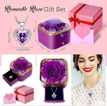 Christmas Flower Gifts for Mom,Birthday Gifts for Women,Preserved Purple Real Rose with Purple Necklace,Forever Flowers Rose Gifts for Women Mom Wife Girlfriend on Anniversary Valentines Mothers Day