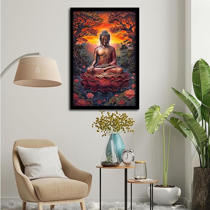 Golden Buddha on lotus seat serene meditation statue amidst lush trees flowing water and sunrise light spiritual home art for a tranquil decor 12x18in Metal blackFramed