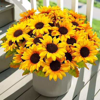Sunflowers Artificial Flowers, 4 Bundles Fake Fall Flower UV Resistant Silk Sunflower for Vase Autumn Wedding Table Home Porch Patio Garden Indoor Outdoor Decor