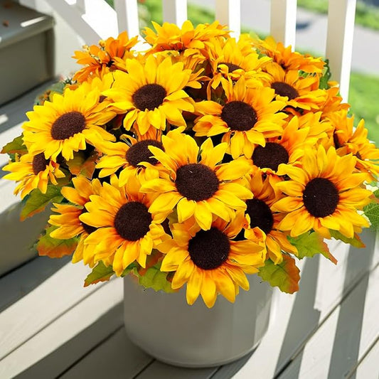 Sunflowers Artificial Flowers, 4 Bundles Fake Fall Flower UV Resistant Silk Sunflower for Vase Autumn Wedding Table Home Porch Patio Garden Indoor Outdoor Decor