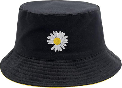 Flower Reversible Bucket Hat Cotton Summer Travel Beach Sun Hats Emboridery for Women Men