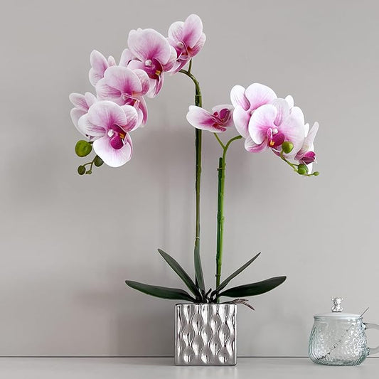 Artificial Orchid with Silver Vase, 20 Inch Purple Heart White Flowers, Indoor Home Decor