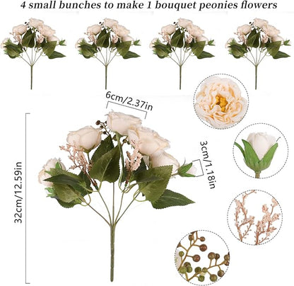 Artificial Peonies Silk Flowers, Beige Faux Peony Bouquet 4 Bundles Florals Arrangements Decor for Farmhouse Home Boho Wedding Table Centerpiece, Fake Plastic Flowers Bulk for Vase Decoration (Beige)