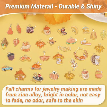 100Pcs 50 Pairs Fall Charms for Jewelry Making and Bracelets, Thanksgiving Autumn Charms Gold Enamel Jewelry Pendants for Earring Bracelet Necklace Crafts Making