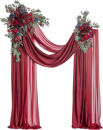 Ling's moment Burgundy Artificial Wedding Arch Flowers Kit Pack of 4, 2pcs Hanging Flower Arrangement 2pcs Chiffon Drapes Ceremony Reception Fake Rose Arbor Backdrop Floral Party Outdoor Decorations
