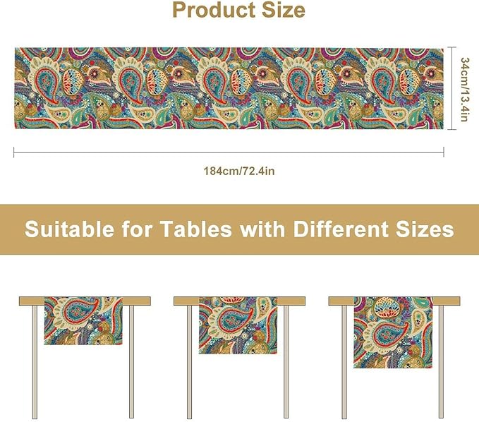 Boho Paisley Table Runner, Colorful Indian Mandala Floral Golden Aeccent Bohemian Style Table Runnner for Kitchen Dining Holiday Party Decoration, 13x90 Inch