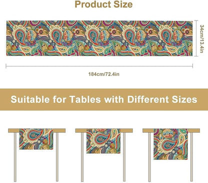 Boho Paisley Table Runner, Colorful Indian Mandala Floral Golden Aeccent Bohemian Style Table Runnner for Kitchen Dining Holiday Party Decoration, 13x90 Inch