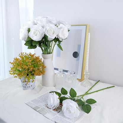 12pcs Roses Artificial Flowers White Silk Roses with Long Stems Fake Flowers for Wedding Bouquet Centerpices Decorations Party Bridal Baby Shower Home Decor