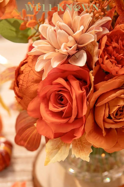 Artificial Flowers in Vase, Silk Rose Peony Dahlia Flower Bouquet Table Centerpieces with Faux Water for Winter Home Decor Fake Flowers Arrangement for Wedding Birthday Party Decor (Orange & Earth)
