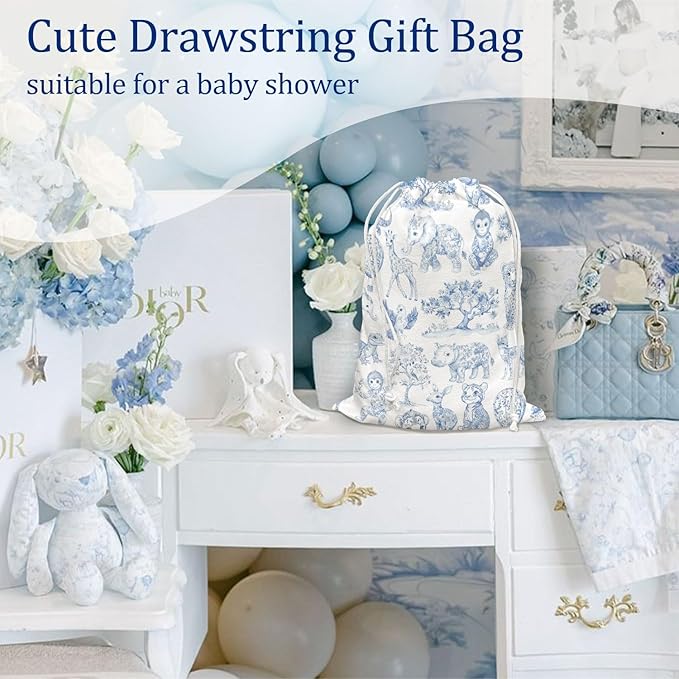 DSHFG Blue Birthday Drawstring Gift Wrap Bags, Safari Toile Chinoiserie Animals Baby Shower Drawstring Gift Bags Canvas, Blue and White Small Happy Birthday Bag, 10x13 Inch