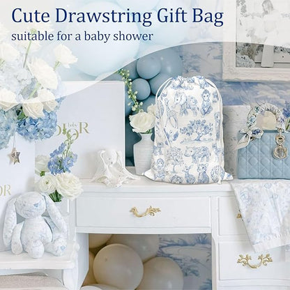 DSHFG Blue Birthday Drawstring Gift Wrap Bags, Safari Toile Chinoiserie Animals Baby Shower Drawstring Gift Bags Canvas, Blue and White Small Happy Birthday Bag, 10x13 Inch