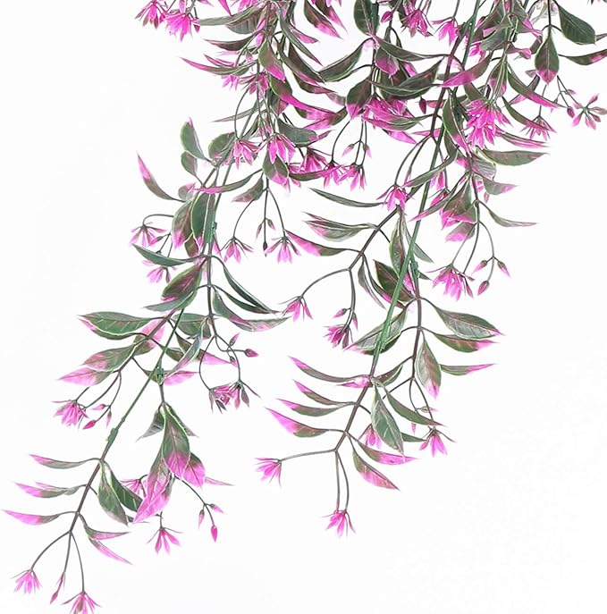 Artificial Hanging Plant for Outdoor Decor, Fake Vine Plants Faux Plastic Ivy Leaves Foliage UV Resistant Greenery Flowers Home Garden Indoor Door Wall Wedding Party Decoration - Fuchsia 4 Pack