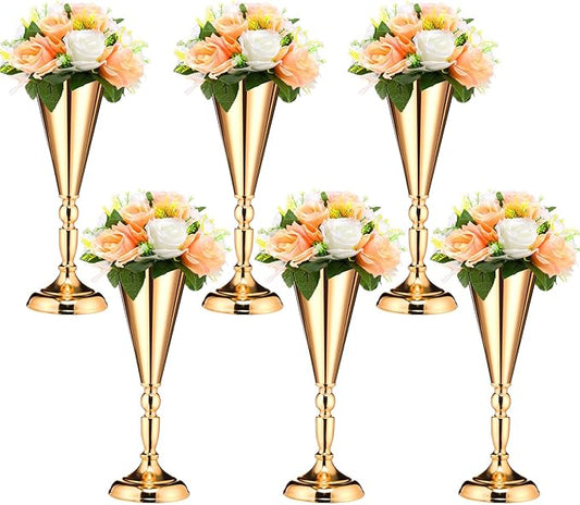 6 Pcs Flower Trumpet Gold Vase Tabletop Centerpiece Gold Tall Flower Vases Bulk Wedding Table Decorative Centerpiece Table Decorations Arrangements for Floral Party Anniversary Birthday(M)