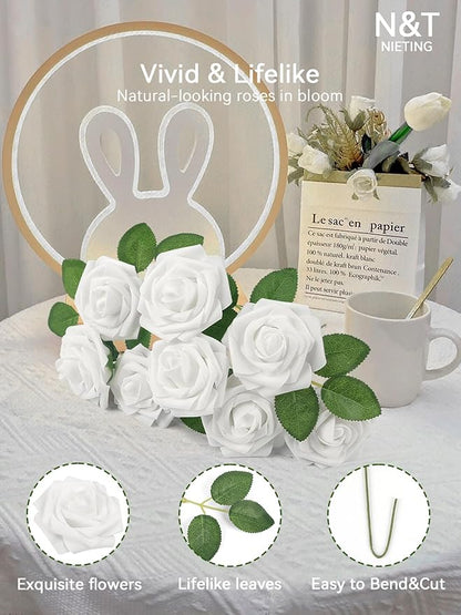 N&T NIETING Artificial Flowers 50pcs Real Touch White Flowers Artificial Roses for Decoration for DIY Wedding Bouquets Bridal Centerpieces Floral Shower Party Tables Home Arrangement