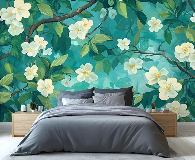 Jasmine Blossom Wall Mural, Elegant Floral Landscape 3D Wall Murals, Nature Turquoise Botanical Wallpaper Mural, for Living Room Bedroom Large Wallpaper Indoor Decor 169.3" W x118.2 H