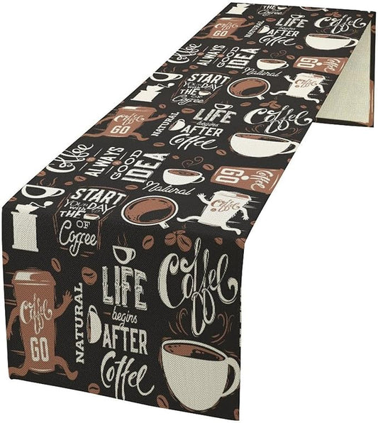 Coffee Theme Table Runner Coffee Time Retro Black Dress Scarves Farmhouse Dinner Runner for Kitchen Dining Coffee Table Decoration Cabin Home Holiday Party 13x108in
