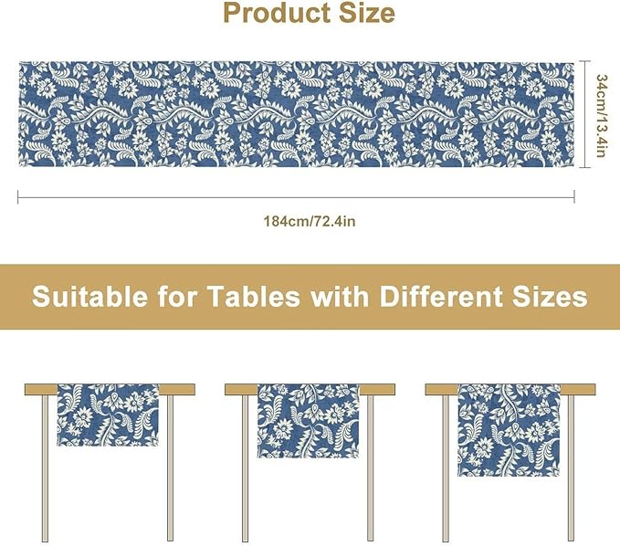 Vintage Floral Table Runner, Rustic Blue White Paisley Flower Boho Farmhouse Decor Table Runner for Kitchen Dining Home Party Decor, 13x90 Inch