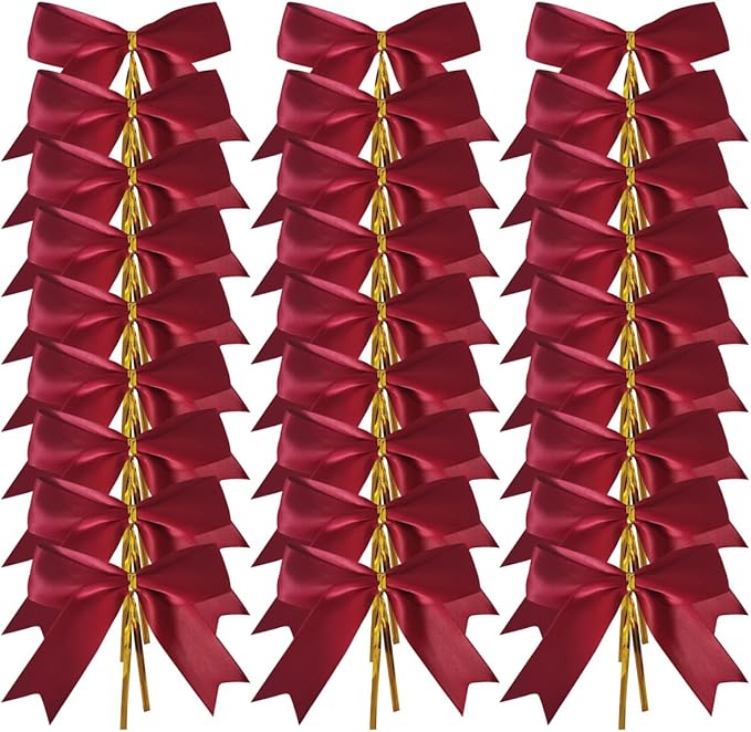 50pcs 3-1/2" Burgundy Twist Ties Satin Wine Color Bows with Twist Tie Bows Fish Tail Cutting(Burgundy)