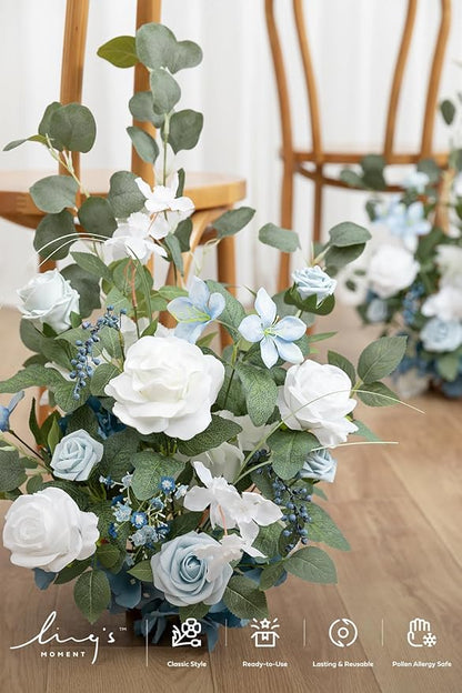 Ling's moment 17.5" Tall Free Standing Artificial Flowers Arrangements 2 pcs Wedding Aisle Runner Chair Decorations Dusty Blue & White Centerpieces for Ceremony Reception Rose Floral Party Outdoor