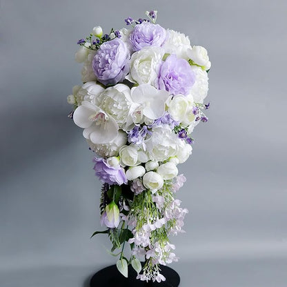 Cascading Bouquets for Bride, White and Purple Water Drop Waterfall Artificial Flowers Roses Bridal Bouquet for Wedding Ceremony Anniversary Party Bridal Shower Decoration