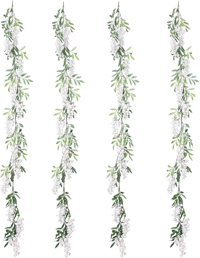 Duovlo 4Pcs 6.6Ft/Piece Imitation Silk Wisteria Garland Hanging Flower Vine for Home Outdoor Garden Ceremony Wedding Arch Floral Decor (Milk White)
