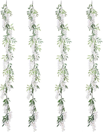 Duovlo 4Pcs 6.6Ft/Piece Imitation Silk Wisteria Garland Hanging Flower Vine for Home Outdoor Garden Ceremony Wedding Arch Floral Decor (Milk White)