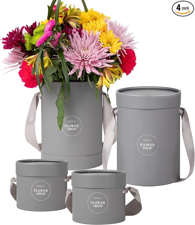 4 Flower Bouquet Hat Boxes | 2 Per Size Round Floral Arrangement Vase | Satin Ribbon Handle & Waterproof Liner | Gift Box for Flowers with Lids | Grey