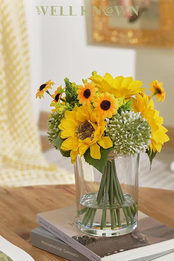 WELL KNOWN Yellow Silk Sunflower Arrangements Bouquet with Vase, Sunflower Artificial Flowers in Glass Vase for Housewarming Decoration Home Decor Office Dining Table Centerpieces