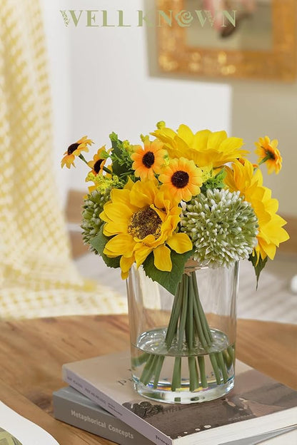 WELL KNOWN Yellow Silk Sunflower Arrangements Bouquet with Vase, Sunflower Artificial Flowers in Glass Vase for Housewarming Decoration Home Decor Office Dining Table Centerpieces