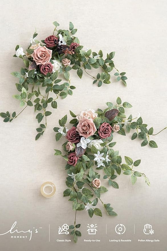 Ling's moment 2PCS Artificial Floral Swags Centerpieces Wedding Flower Rose Garland Greenery Arrangements for Sweetheart/Head Table Decor Wedding Car Wall Arch Garden Decor | Dusty Rose & Mauve