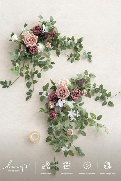 Ling's moment 2PCS Artificial Floral Swags Centerpieces Wedding Flower Rose Garland Greenery Arrangements for Sweetheart/Head Table Decor Wedding Car Wall Arch Garden Decor | Dusty Rose & Mauve
