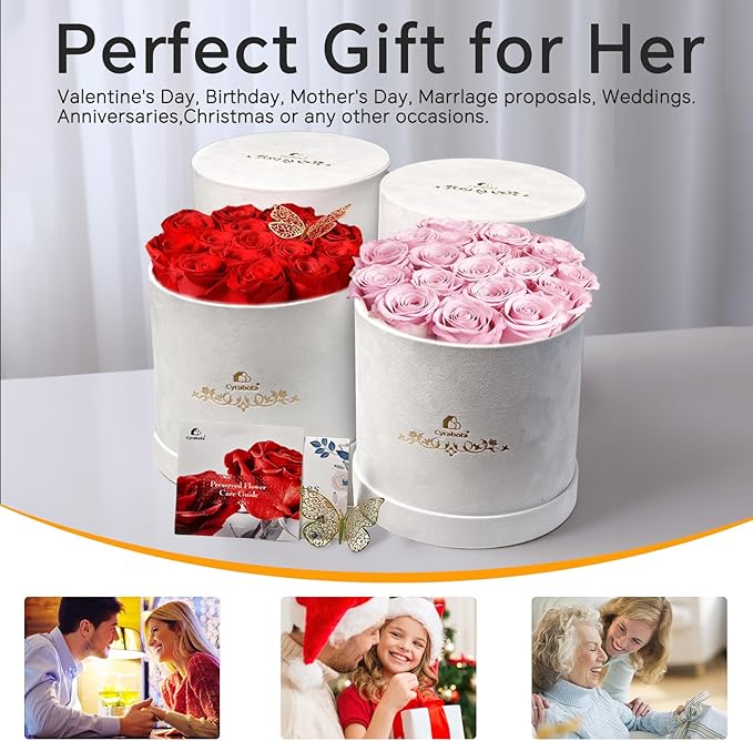 16 Pink Preserved Flowers in Round Gift Box, Forever Flowers Eternal Roses for Mother's Day, Birthday, Anniversary, Valentine's Day Gifts for Women Light Pink