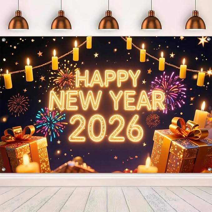 Happy New Year 2026 Backdrop 71x43 Inch Gold Light Party Banner with Fireworks and Gift Boxes for Indoor Wall Decoration Countdown Celebration and Holiday Photo Background