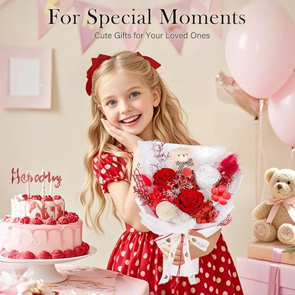 Preserved Flowers Bouquet with Bear, 3 Real Forever Flowers for Delivery, Long-Lasting Red Eteranl Roses Bouquet Birthday Gifts for Women Teenage Girls Girlfriend Mother Wife Her