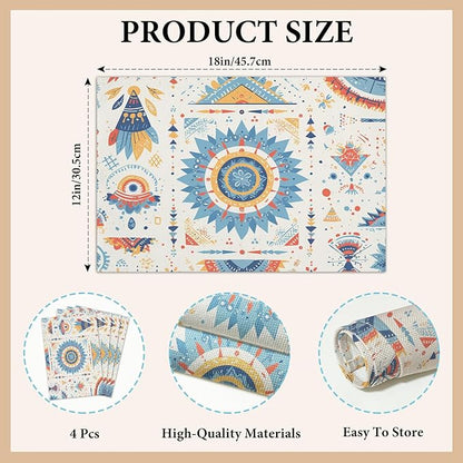 Cotton Linen Waterproof Placemats Set of 4, Bohemian Style Dining Mat Boho Table Mats Decor Fabric for Kitchen Dinner Coffee Shop Table, Indoor/Outdoor Washable Wipeable Placemat -N021