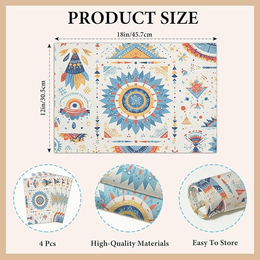 Cotton Linen Waterproof Placemats Set of 4, Bohemian Style Dining Mat Boho Table Mats Decor Fabric for Kitchen Dinner Coffee Shop Table, Indoor/Outdoor Washable Wipeable Placemat -N021