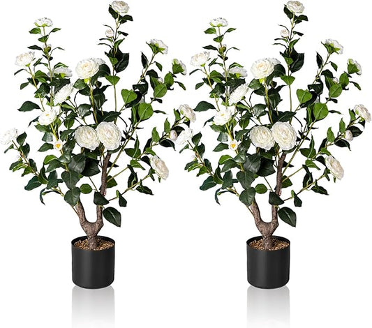 Artificial Camellia Tree,2Pack 3FT Faux White Camellia Plants in Pots,Lifelike Artificial Flower Trees for Indoor Outdoor Home Decor,Realistic Blooming Faux Plants for Bedroom Porch Patio Office